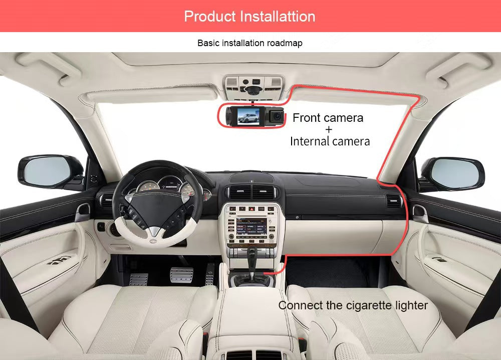 Supplier installation diagram: dash cam mounted behind the rear-view mirror, front and cabin cameras